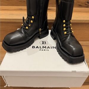 Balmain Black Lace Up Boots with Gold Accents